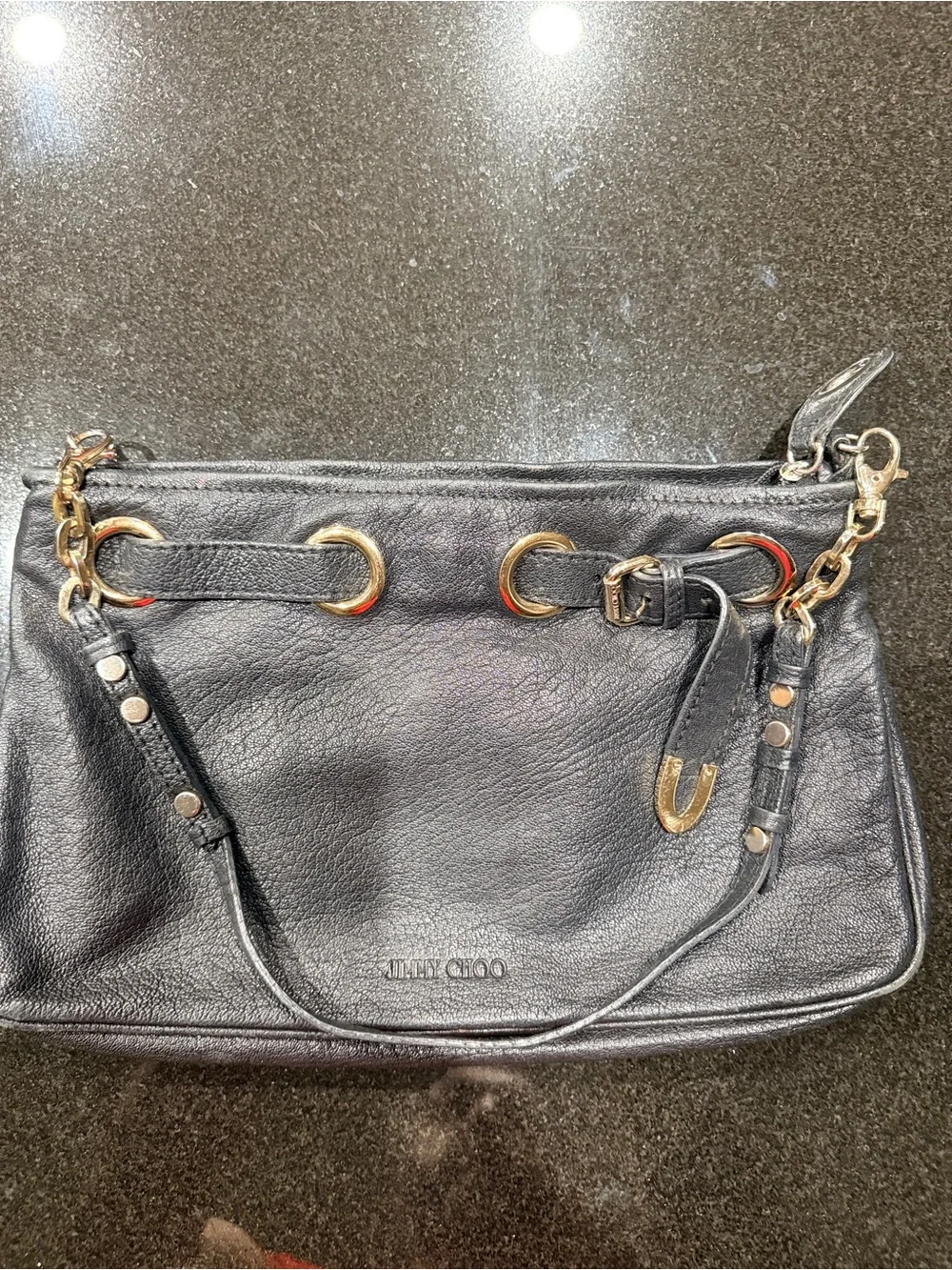 Jimmy Choo Black Leather Grommet Buckle Shoulder Bag Made in Italy